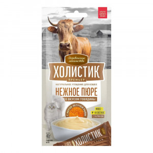 Лакомство для кошек "Деревенские лакомства - Холистик Премьер". Нежное пюре со вкусом говядины с икрой летучей рыбы, 40гр.