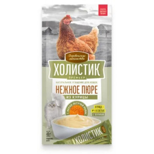 Деревенские лакомства Холистик Премьер лакомство для кошек, нежное пюре из курицы с икрой летучей рыбы - 10 г х 4 шт